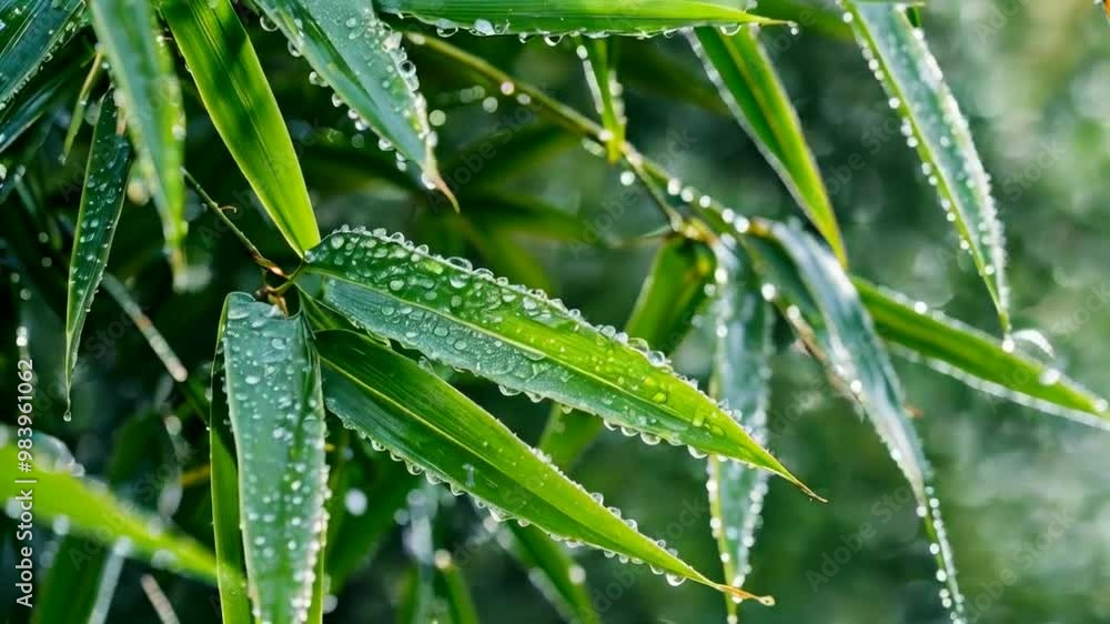 Close-up of bamboo leaves with water droplets, showcasing nature's beauty and freshness. Close-up of bamboo leaves with water droplets, showcasing nature's beauty and freshness.