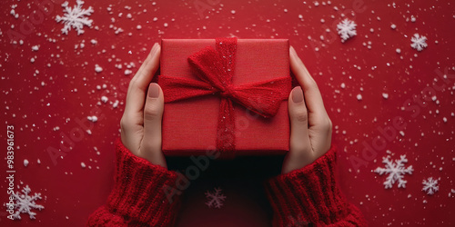 Woman's hands holding a gift box on a red snowy background. Christmas gifts . Holiday mood. Flat lay, top view. Copy space. Banner
