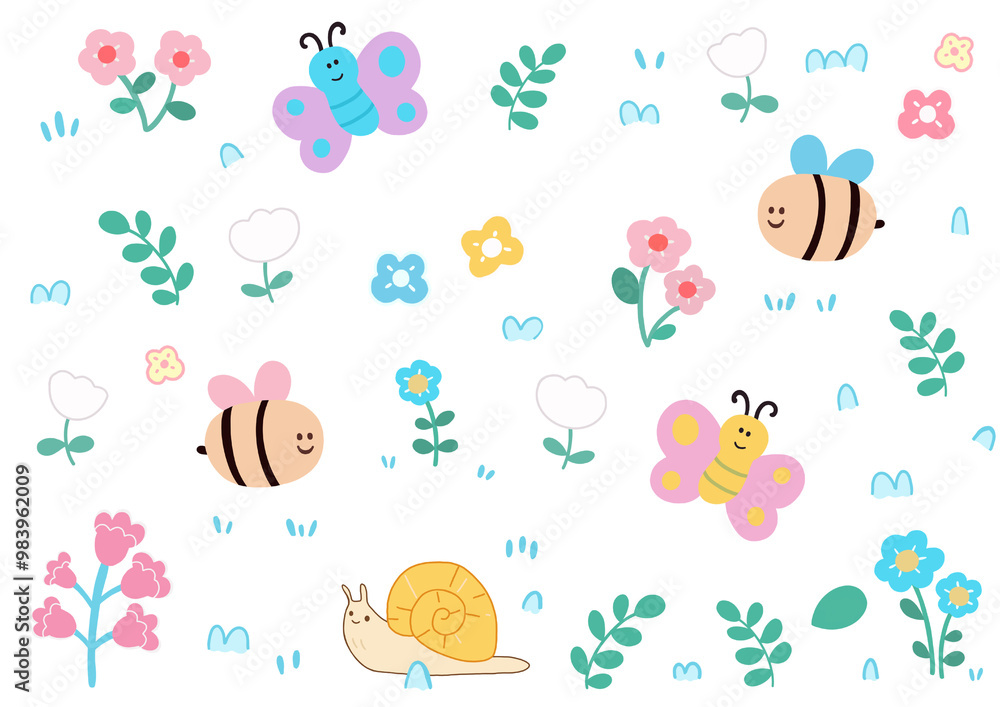 set of flowers and butterflies, flowers with bee, butterfly, and snail – nature-inspired illustration for kids and educational materials set of flowers and butterflies, flowers with bee, butterfly, and snail – nature-inspired illustration for kids and educational materials