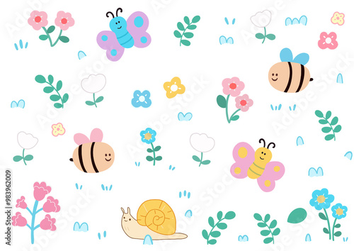 set of flowers and butterflies, flowers with bee, butterfly, and snail – nature-inspired illustration for kids and educational materials