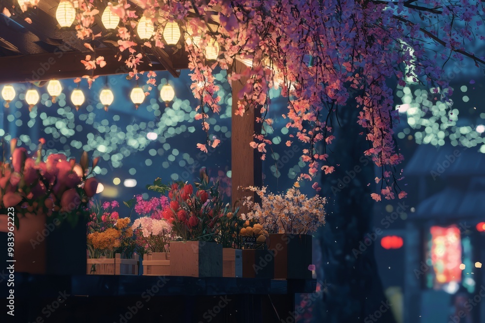 Obraz premium A Charming Flower Festival With Floral Arrangements, Lighted Stalls, And Soft Illumination Creating A Cozy And Festive Mood, Generative AI 