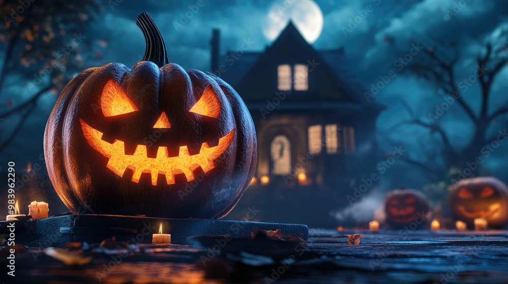 Halloween pumpkin with candlelight in front of a haunted house background, Halloween pumpkin with candlelight in front of a haunted house background,