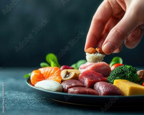 A hand selecting a small, balanced portion from a plate full of different food options, symbolizing the key to portion control in weight loss