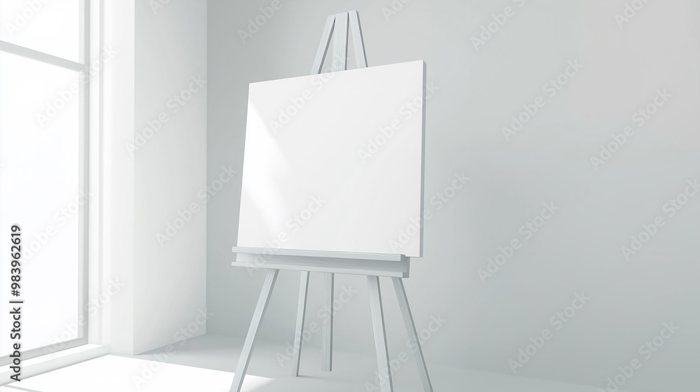 Blank canvas frame mockup. White studio design. View of modern style interior with artwork painting mock up on easel. Studio staging and minimalism concept Blank canvas frame mockup. White studio design. View of modern style interior with artwork painting mock up on easel. Studio staging and minimalism concept