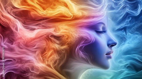 This vibrant artwork depicts a woman's profile surrounded by colorful swirls of smoke, reflecting emotions and creativity.