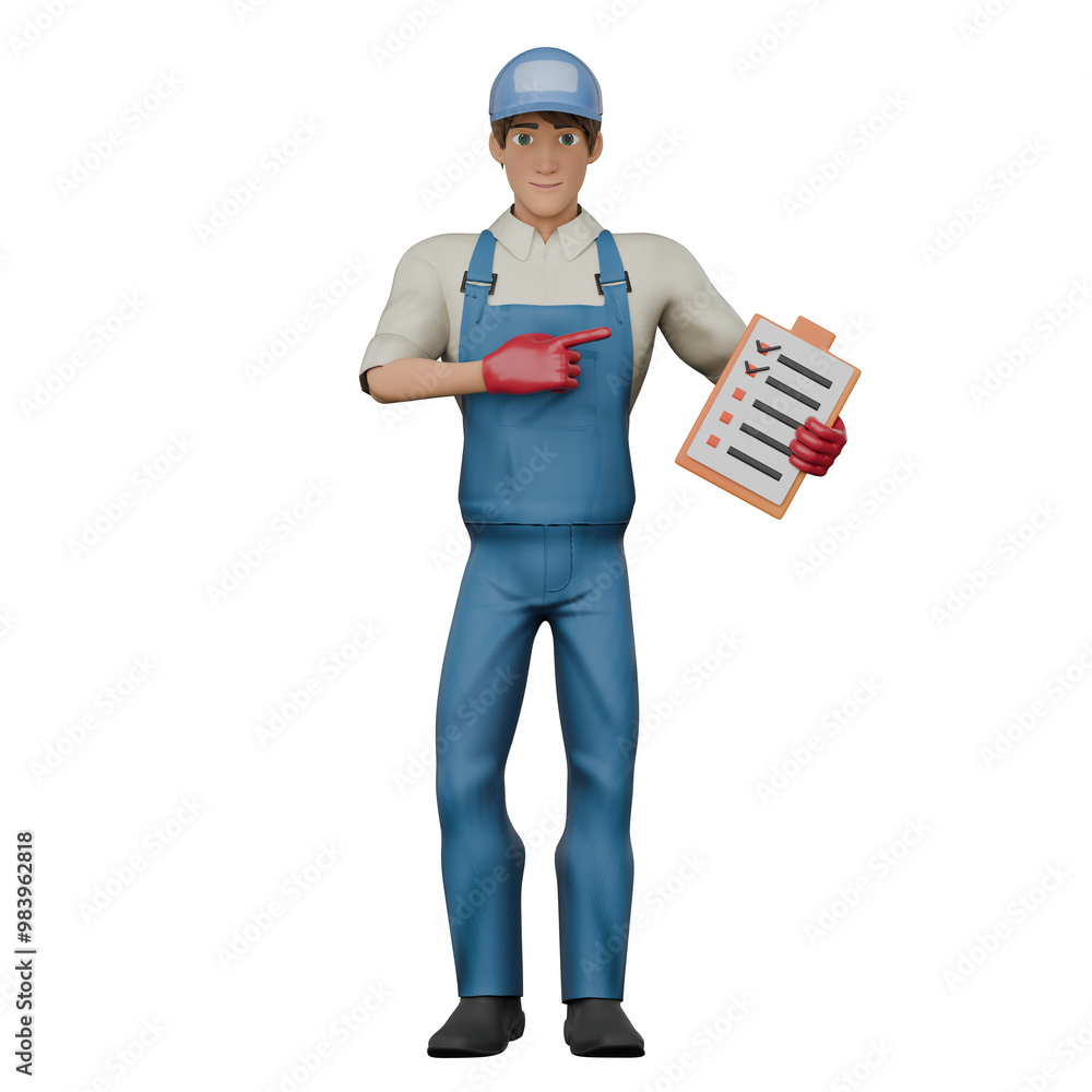 Professional Mechanic in 3D. A male mechanic stands with his left hand holding a checklist while his right hand points at it, as if he wants to explain and give directions. Male Professional Mechanic in 3D. A male mechanic stands with his left hand holding a checklist while his right hand points at it, as if he wants to explain and give directions. Male