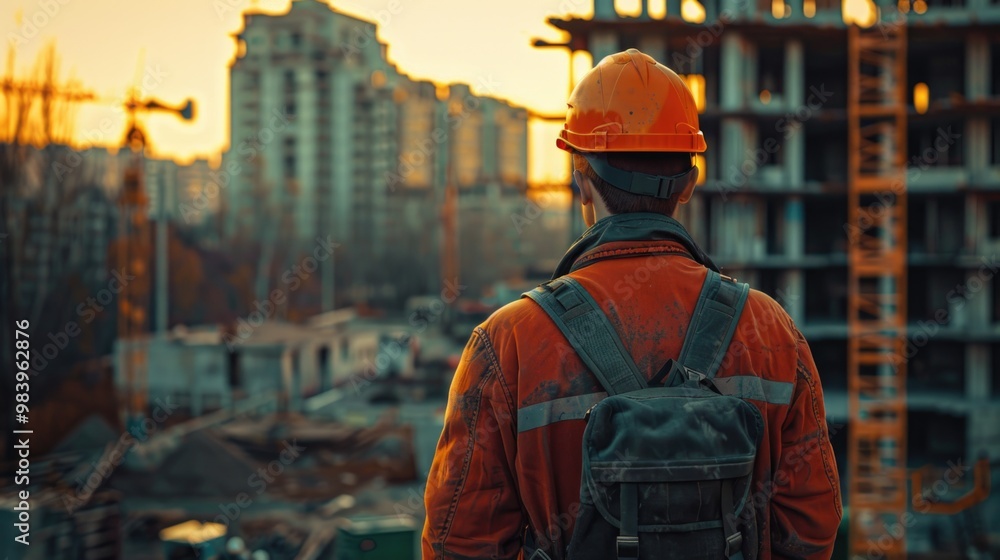 Construction Worker Overlooking Building Site at Sunset Construction Worker Overlooking Building Site at Sunset