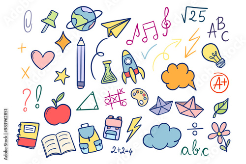 Colorful school doodles, hand drawn clip art set, cute stickers, isolated
