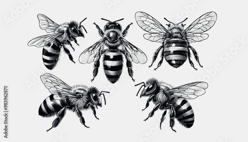 Vector  bee illustration set in old Engraving drawing style