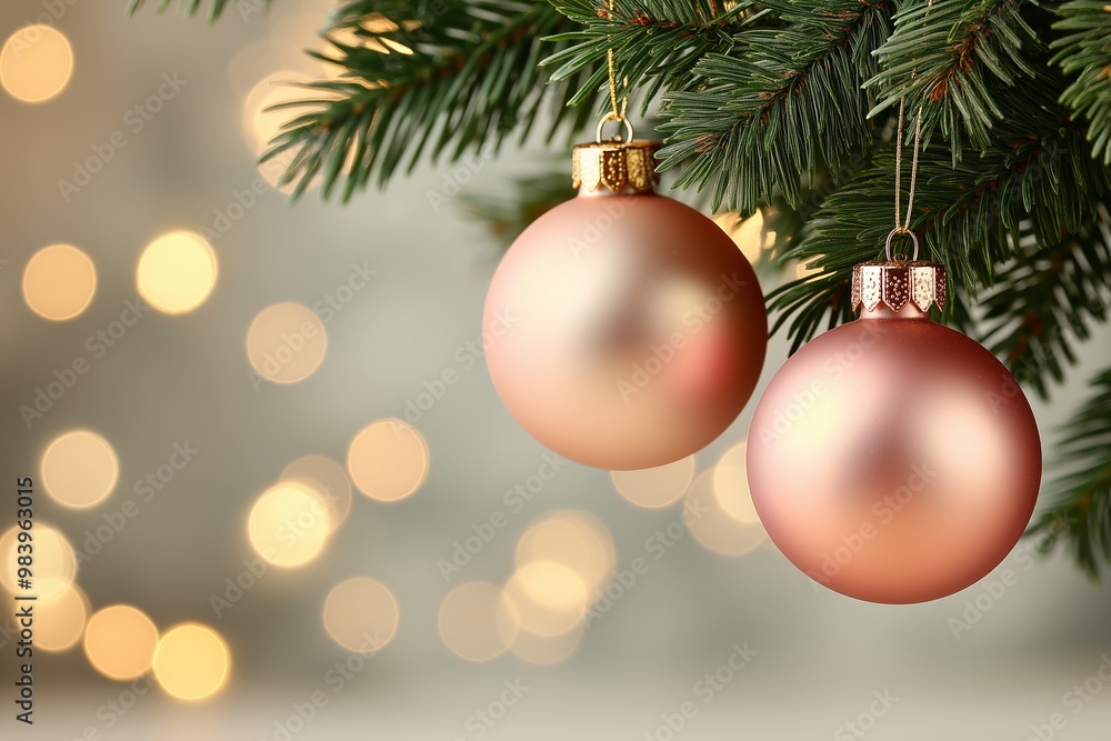 Two pink ornaments hanging from a tree. The tree is decorated with lights and the ornaments are hanging from the branches Two pink ornaments hanging from a tree. The tree is decorated with lights and the ornaments are hanging from the branches