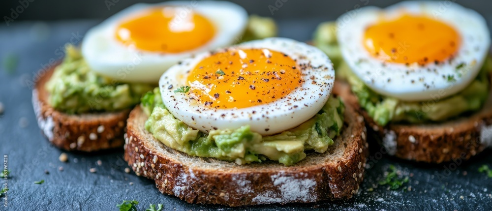 Enjoy a scrumptious breakfast featuring toasted rustic bread layered with creamy avocado and topped with soft-boiled eggs, creating a delightful meal to start the day Enjoy a scrumptious breakfast featuring toasted rustic bread layered with creamy avocado and topped with soft-boiled eggs, creating a delightful meal to start the day