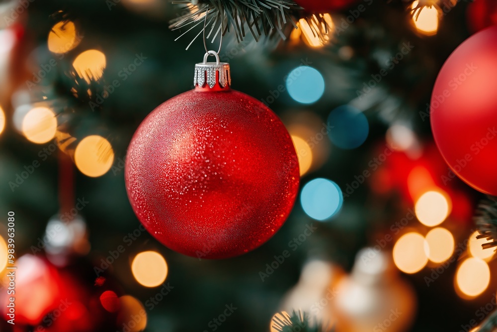 A red ornament hangs on a Christmas tree. The tree is lit up with lights, creating a warm and festive atmosphere A red ornament hangs on a Christmas tree. The tree is lit up with lights, creating a warm and festive atmosphere