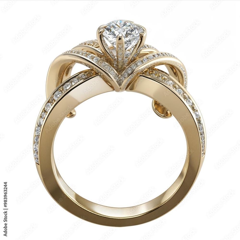 Elegant gold diamond ring with intricate design and brilliant cut stone. white background Elegant gold diamond ring with intricate design and brilliant cut stone. white background