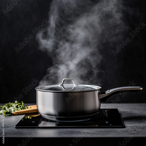 Stainless steel pot boiling water releasing a large cloud of steam, placed on an induction cooker in a modern kitchen