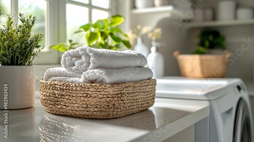 Clean Laundry Setup: Modern washing machine with detergents, fresh towels, and a laundry basket in a bright, organized laundry room