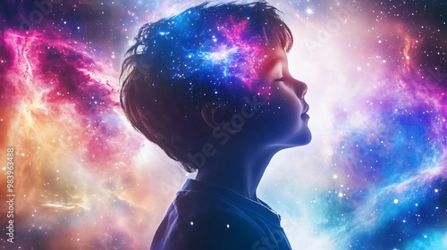 A silhouette of a boy filled with a vibrant galaxy, symbolizing imagination and wonder in the cosmos.