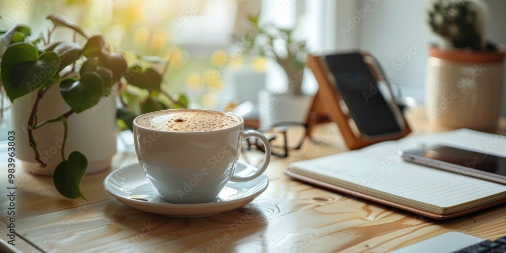 Sunny Morning Coffee Break on Wooden Desk with Smart Devices