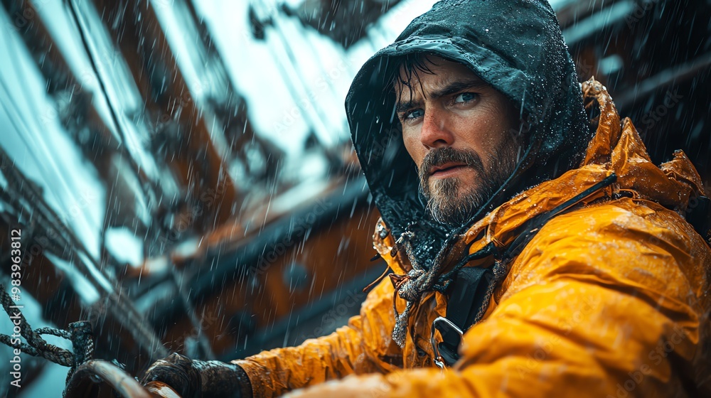 Obraz premium A determined sailor navigates a ship through stormy weather, showcasing resilience and courage amidst nature's fury.