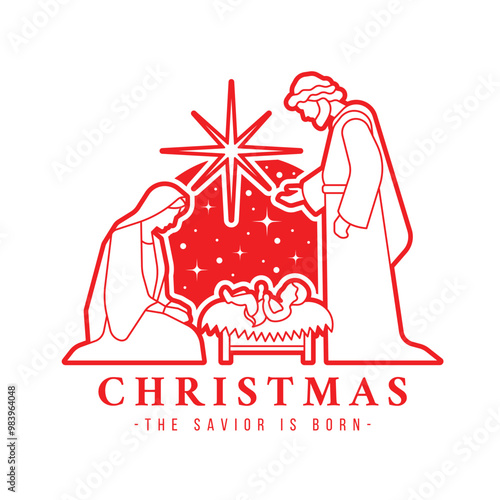 Christmas, the savior is born - Red line drawing The Nativity with mary and joseph in a manger with baby Jesus at star light on sky vector design