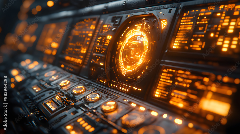 Futuristic control panel with glowing orange displays and intricate buttons, ideal for science fiction or technology themes. Futuristic control panel with glowing orange displays and intricate buttons, ideal for science fiction or technology themes.