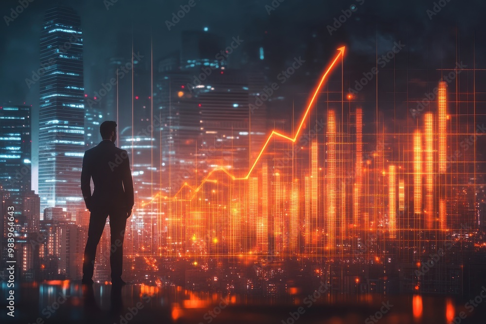 A businessman stands in front of a city skyline, with a transparent, A businessman stands in front of a city skyline, with a transparent,