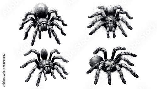 Vector Spider Set illustration in old Engraving drawing style