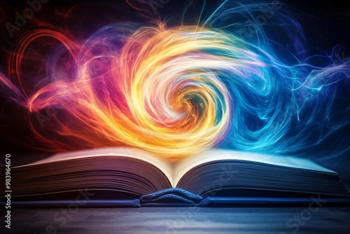 An open book with a vibrant swirl of colorful smoke emanating from its pages, representing creativity and imagination.