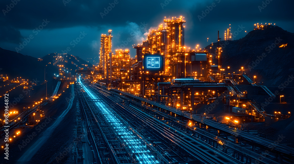 Obraz premium Illuminated industrial complex at dusk with glowing lights and railway tracks, creating a dynamic urban atmosphere.