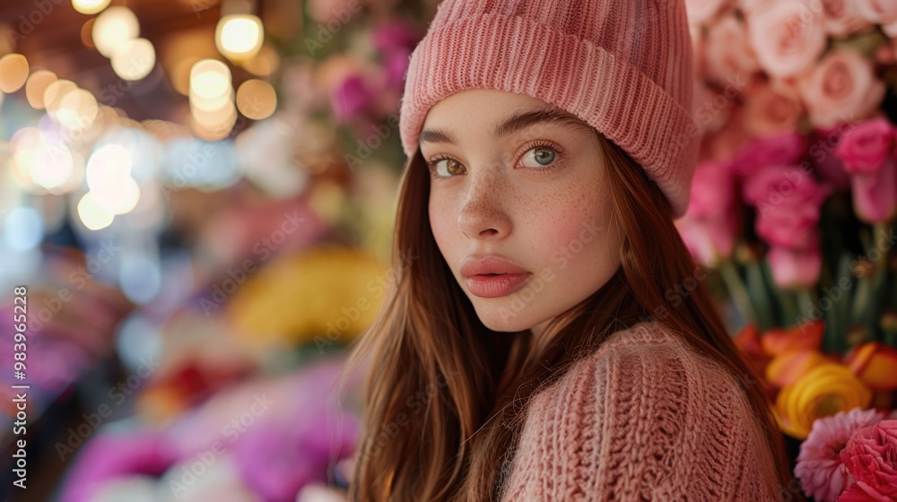 Young Woman with Freckles Wearing Pink Beanie at Flower Market Young Woman with Freckles Wearing Pink Beanie at Flower Market
