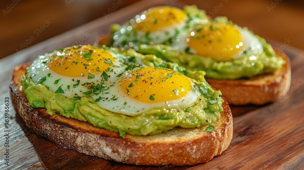 Three slices of toasted bread generously spread with creamy avocado, topped with sunny-side-up eggs and a sprinkle of herbs create a satisfying breakfast Three slices of toasted bread generously spread with creamy avocado, topped with sunny-side-up eggs and a sprinkle of herbs create a satisfying breakfast