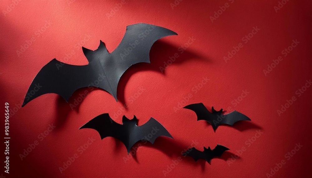 Naklejka premium black cardboard bats on bright background with space for text, halloween concept