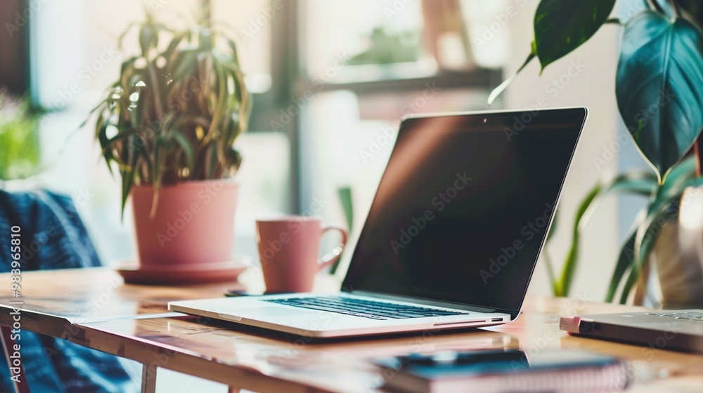 A modern workspace featuring a computer, stationery, and plants, creating a serene and productive environment. A modern workspace featuring a computer, stationery, and plants, creating a serene and productive environment.