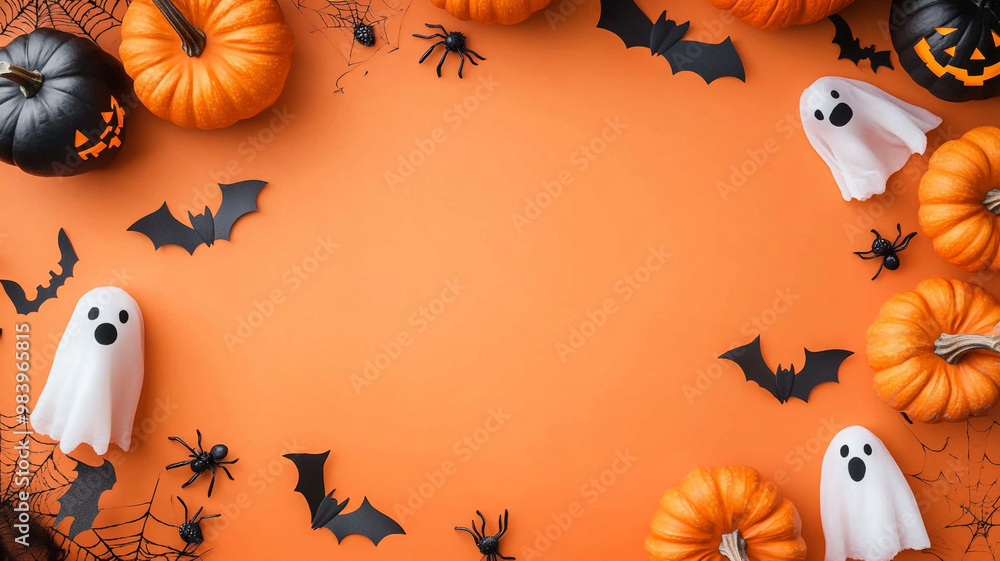 A festive Halloween decoration with pumpkins, ghosts, and bats on an orange background A festive Halloween decoration with pumpkins, ghosts, and bats on an orange background