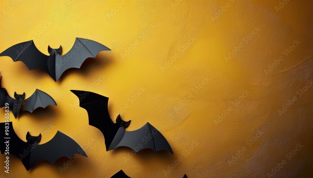 black cardboard bats on bright background with space for text, halloween concept black cardboard bats on bright background with space for text, halloween concept