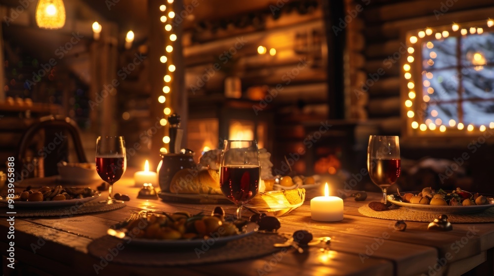 Cozy Dinner Table Decorated with Lights and Food in a Warm Log Cabin Setting Cozy Dinner Table Decorated with Lights and Food in a Warm Log Cabin Setting