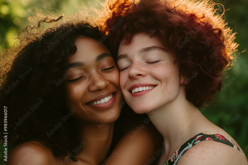 Photo of two women of different races laughing with their eyes closed Photo of two women of different races laughing with their eyes closed