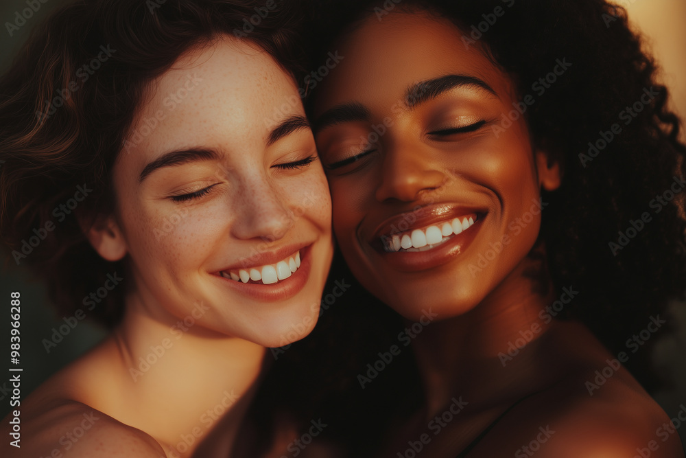 Photo of two women of different races laughing with their eyes closed Photo of two women of different races laughing with their eyes closed