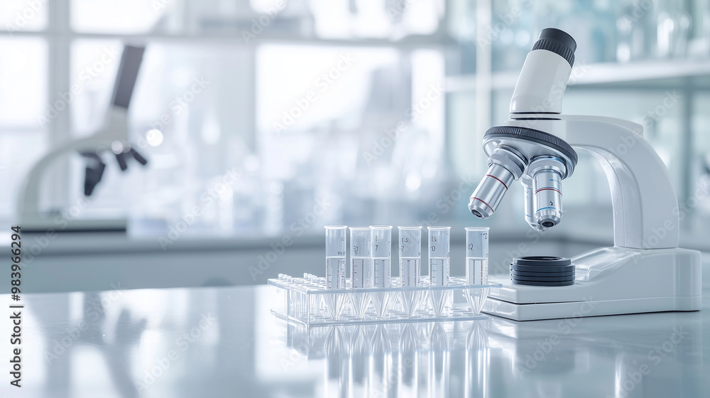 Close-up of various laboratory tools and instruments used for biotechnology research, such as pipettes, test tubes, and electrophoresis gels, arranged neatly on a clean, modern wor Close-up of various laboratory tools and instruments used for biotechnology research, such as pipettes, test tubes, and electrophoresis gels, arranged neatly on a clean, modern wor