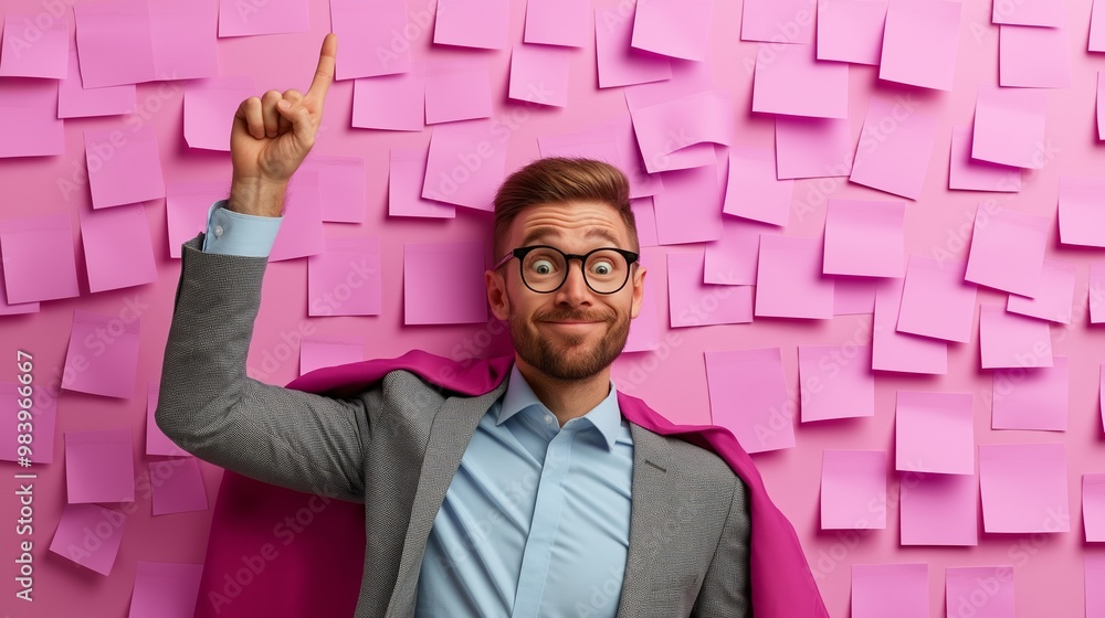 A man in a suit is pointing at a wall covered in pink sticky notes. Concept of urgency and importance, as the man is trying to get someone's attention by pointing at the wall A man in a suit is pointing at a wall covered in pink sticky notes. Concept of urgency and importance, as the man is trying to get someone's attention by pointing at the wall