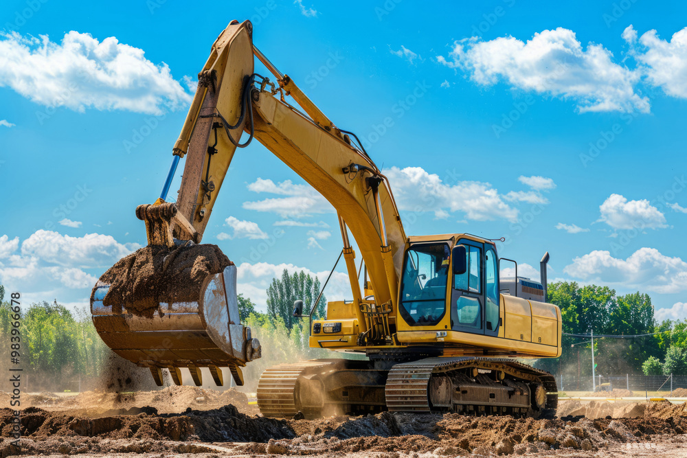 A yellow excavator on an open construction site. The bucket digs the ground. Industrial image. A yellow excavator on an open construction site. The bucket digs the ground. Industrial image.