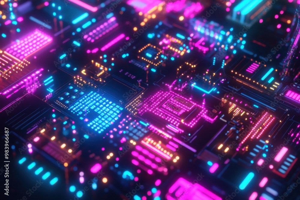 A close-up of a futuristic circuit board glowing with neon pink, blue, and purple lights. A close-up of a futuristic circuit board glowing with neon pink, blue, and purple lights.