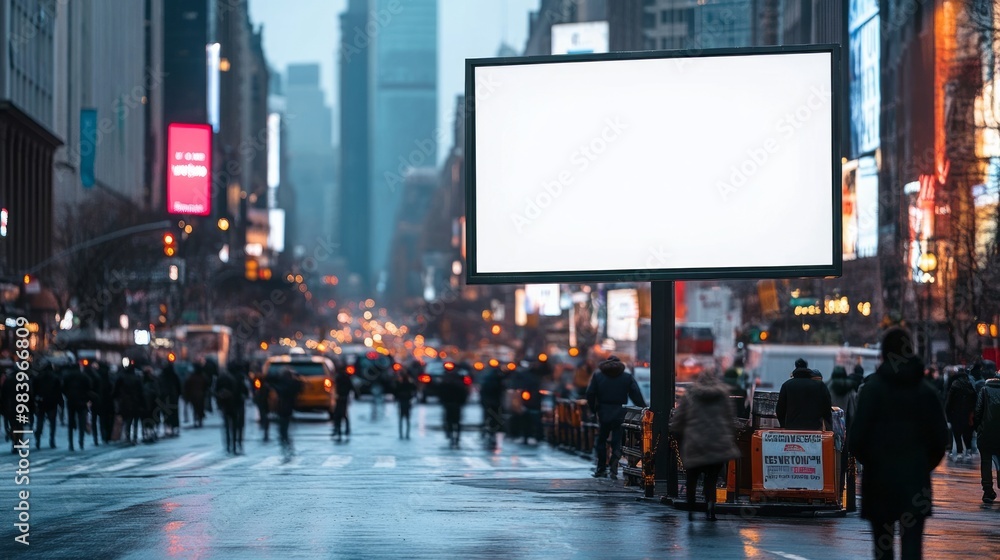 A blank billboard stands prominently on a busy city street filled with pedestrians during a misty evening A blank billboard stands prominently on a busy city street filled with pedestrians during a misty evening