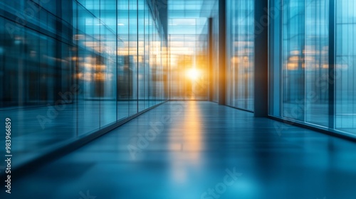 A blurred modern office interior showcasing glass walls, polished floors, and soft lighting creating a serene work atmosphere during daylight hours