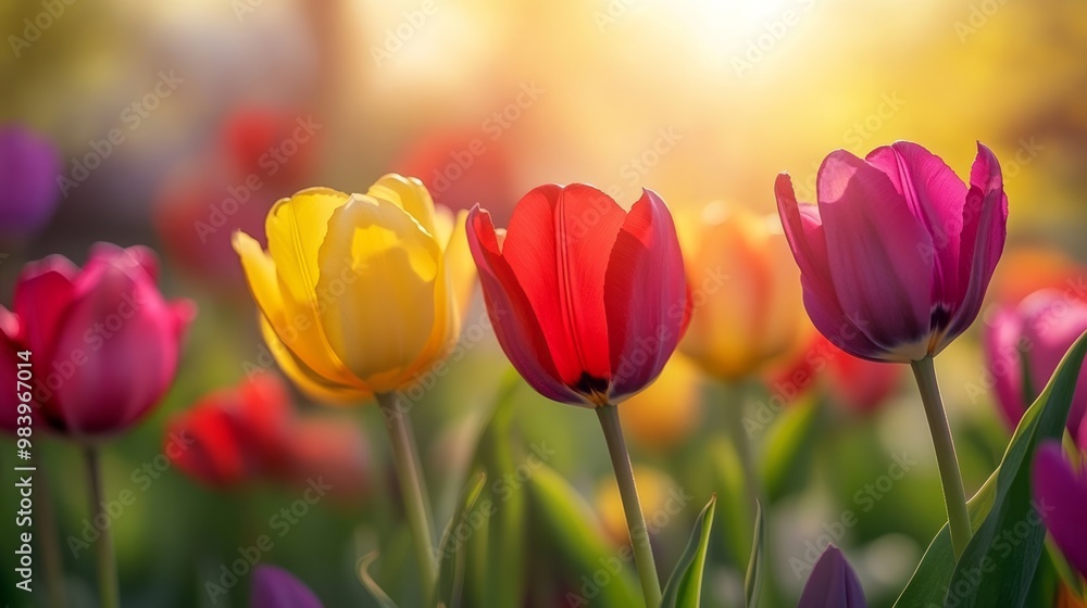 A vibrant field filled with blooming tulips in various colors illuminated by soft afternoon sunlight creates a picturesque spring scene A vibrant field filled with blooming tulips in various colors illuminated by soft afternoon sunlight creates a picturesque spring scene