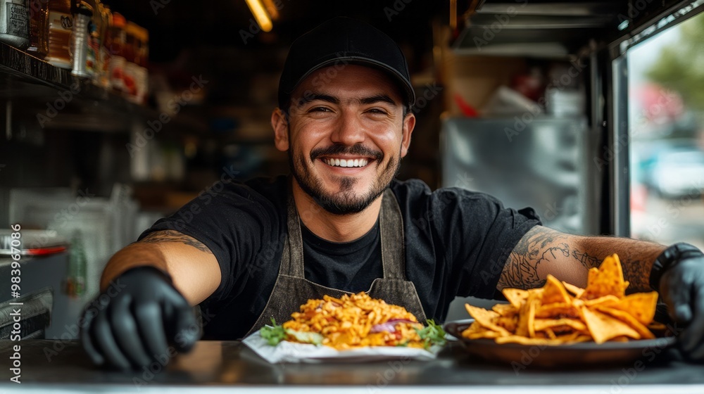A cheerful chef in a black cap serves a delicious burger and nachos at a vibrant food truck during a sunny outdoor event in the afternoon A cheerful chef in a black cap serves a delicious burger and nachos at a vibrant food truck during a sunny outdoor event in the afternoon