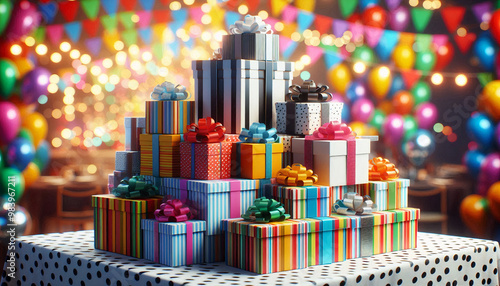 A festive display of gift boxes of various shapes and sizes, stacked on a decorated table with colorful balloons and festive banners in the background