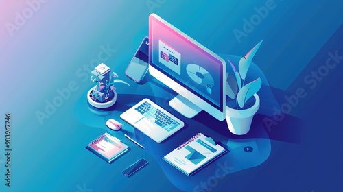 Wallpaper Mural A modern workspace featuring a computer, stationery, and plants, creating a serene and productive environment. Torontodigital.ca