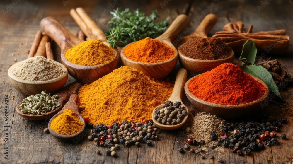 A vibrant collection of organic spices and herbs displayed on a rustic wooden surface, showcasing diverse colors and textures perfect for culinary inspiration A vibrant collection of organic spices and herbs displayed on a rustic wooden surface, showcasing diverse colors and textures perfect for culinary inspiration