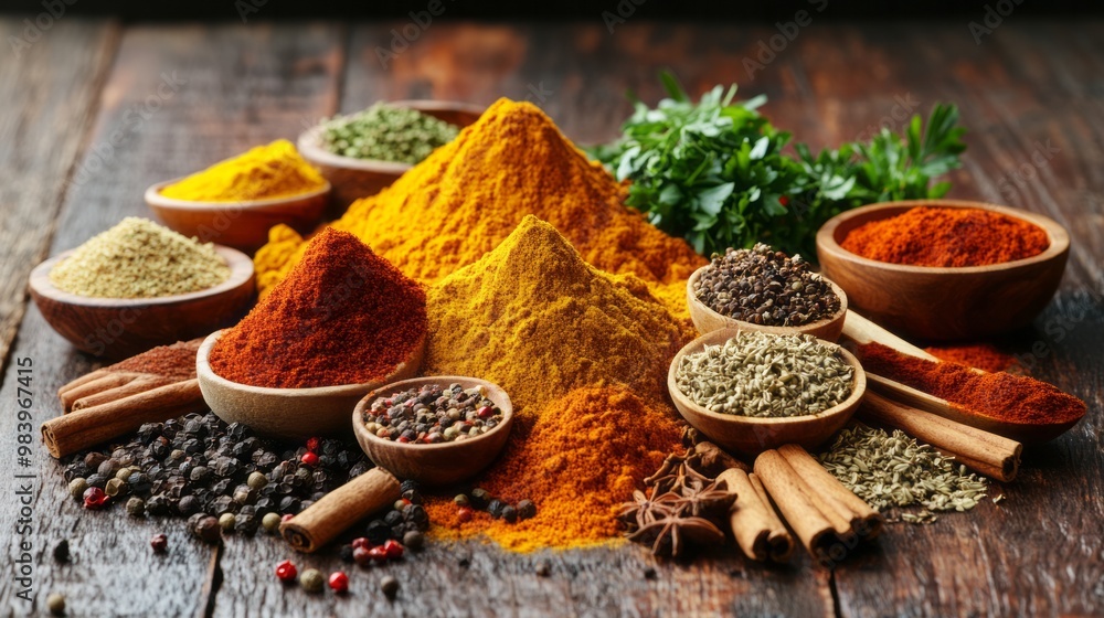 Fototapeta premium A vibrant assortment of spices displayed in wooden spoons on a rustic table, showcasing rich colors and textures perfect for culinary creations