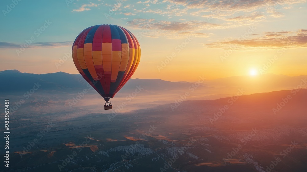 Obraz premium A vibrant hot air balloon ascends gracefully into the colorful sky at sunrise, offering breathtaking views over serene mountains and valleys below